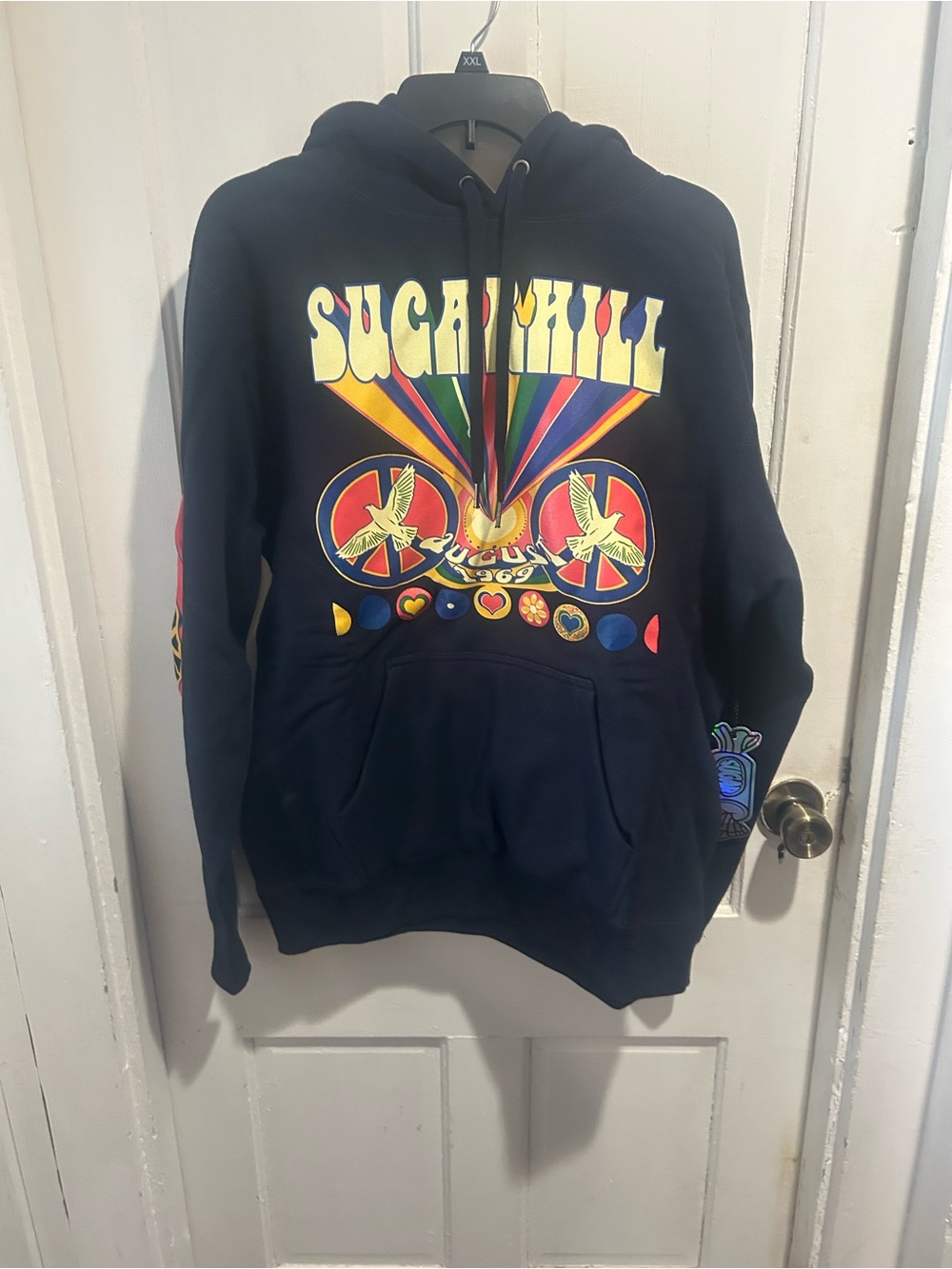 Navy Graphic Hoodie with Multicolor Retro Print